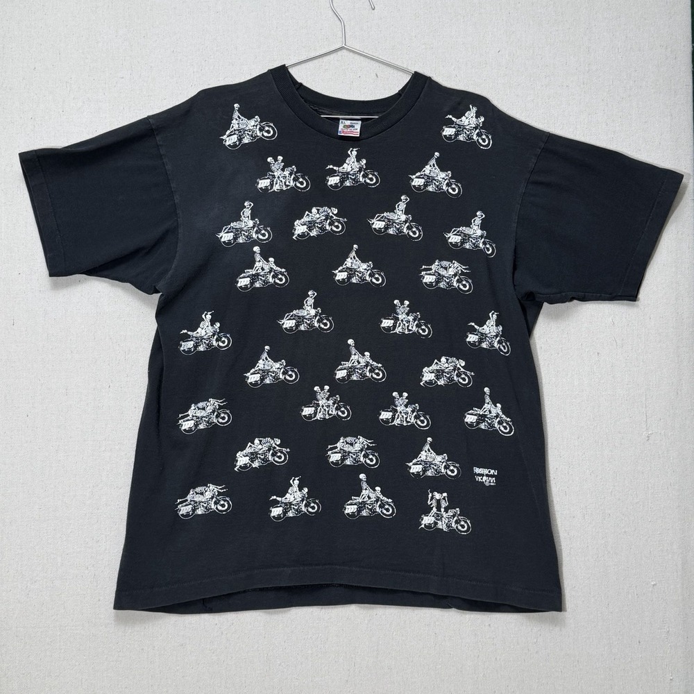 Vintage 1991 Fashion Victim Skeleton Motorcycle T Shirt XL AOP Single Stitch